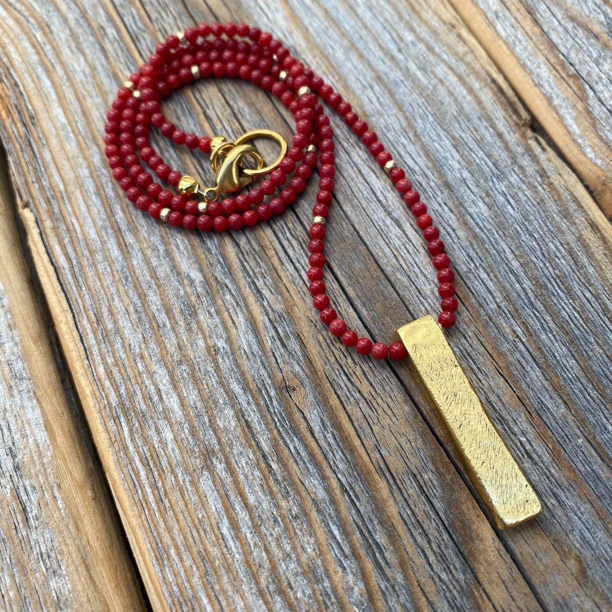 Coral Beaded Necklace, 24K Gold Rectangle Pendant, Dainty Jewelry