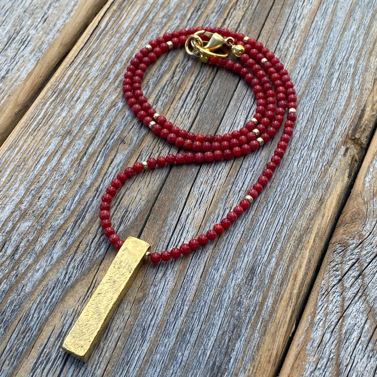 Coral Beaded Necklace, 24K Gold Rectangle Pendant, Dainty Jewelry
