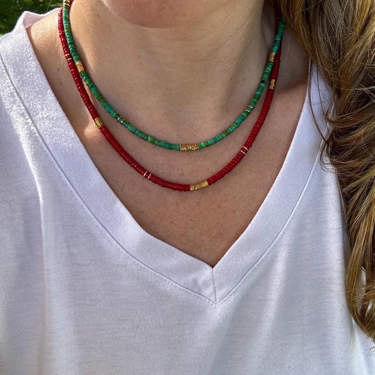 Coral Heishi Necklace, 14K Gold Plated Accents, Boho Jewelry