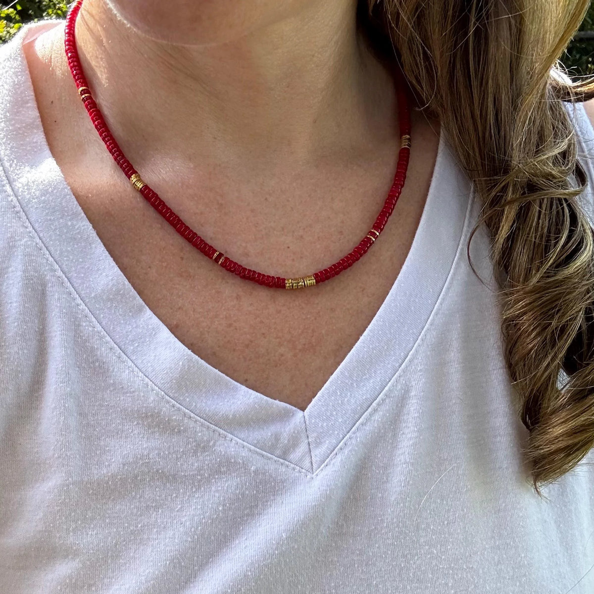 Coral Heishi Necklace, 14K Gold Plated Accents, Boho Jewelry