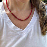 Coral Heishi Necklace, 14K Gold Plated Accents, Boho Jewelry
