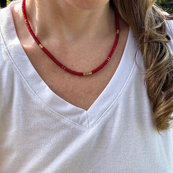 Coral Heishi Necklace, 14K Gold Plated Accents, Boho Jewelry