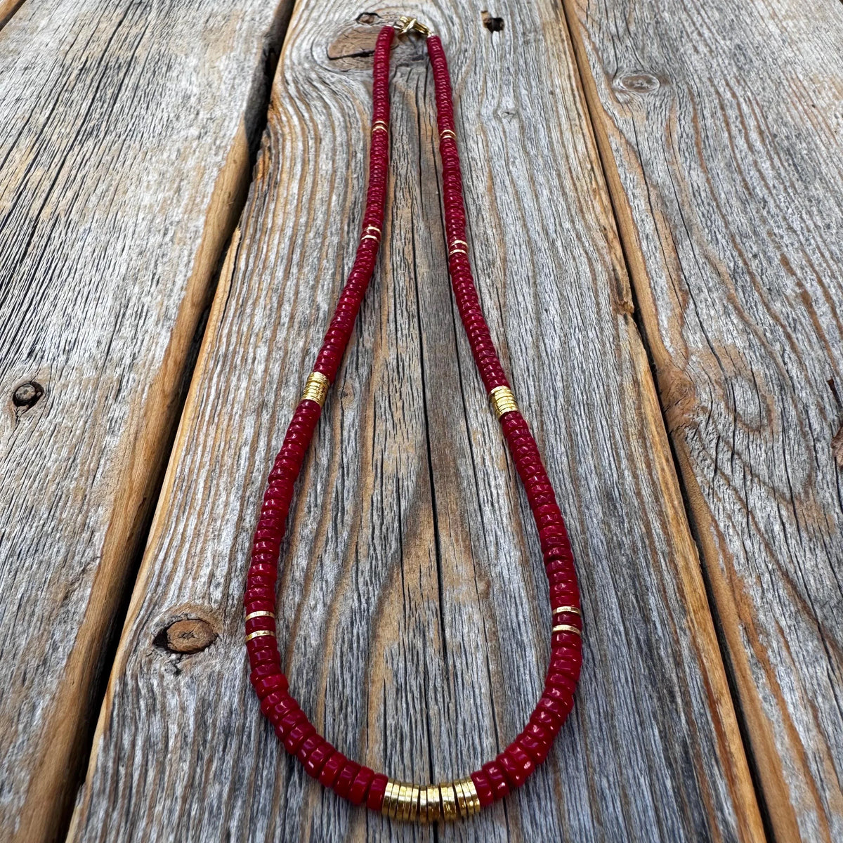 Coral Heishi Necklace, 14K Gold Plated Accents, Boho Jewelry