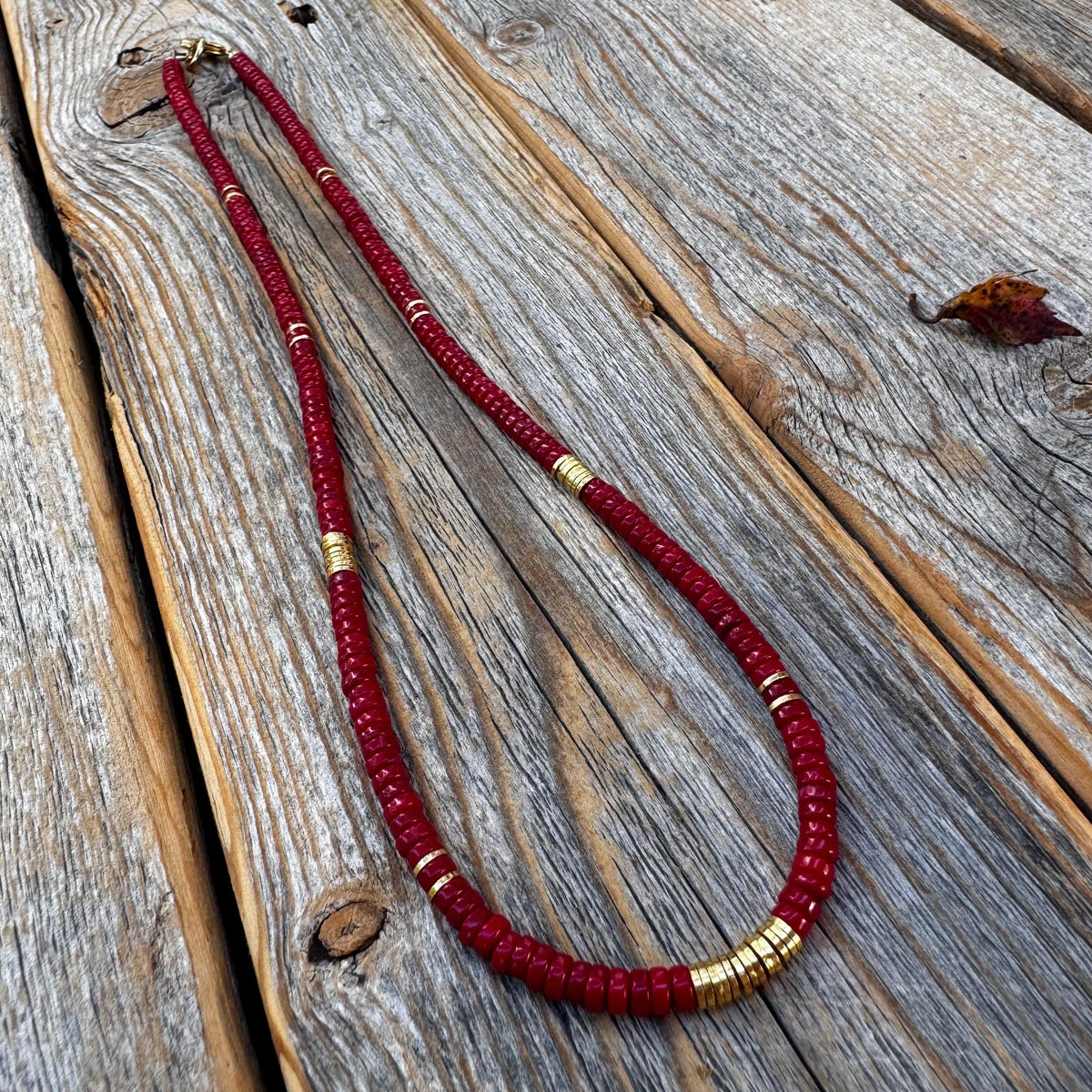 Coral Heishi Necklace, 14K Gold Plated Accents, Boho Jewelry