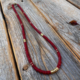 Coral Heishi Necklace, 14K Gold Plated Accents, Boho Jewelry