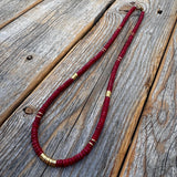 Coral Heishi Necklace, 14K Gold Plated Accents, Boho Jewelry