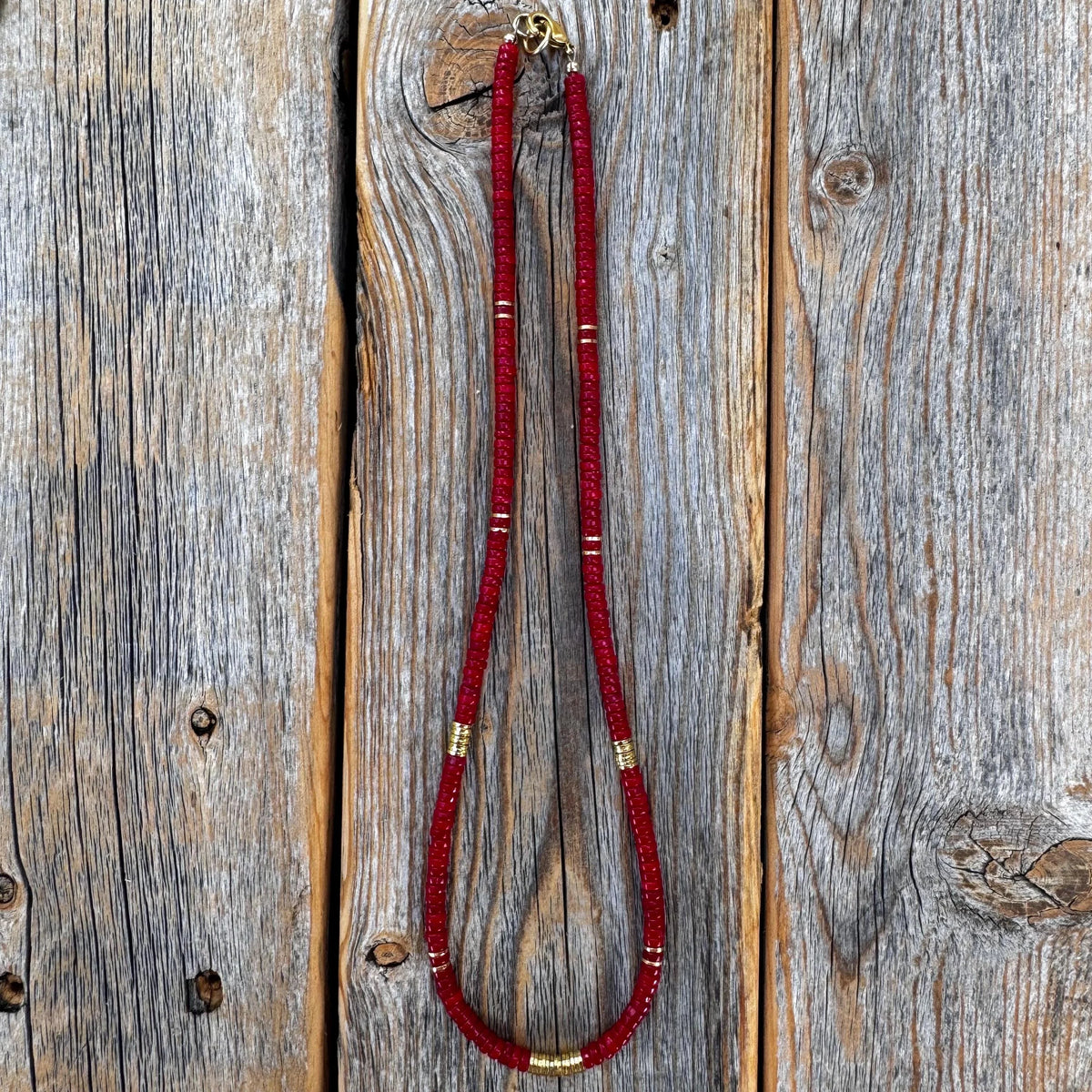 Coral Heishi Necklace, 14K Gold Plated Accents, Boho Jewelry