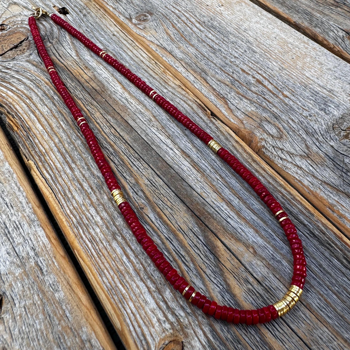 Coral Heishi Necklace, 14K Gold Plated Accents, Boho Jewelry