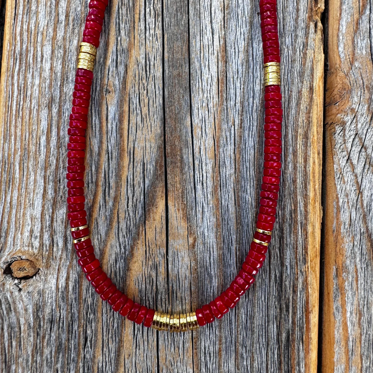 Coral Heishi Necklace, 14K Gold Plated Accents, Boho Jewelry