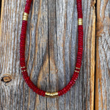 Coral Heishi Necklace, 14K Gold Plated Accents, Boho Jewelry