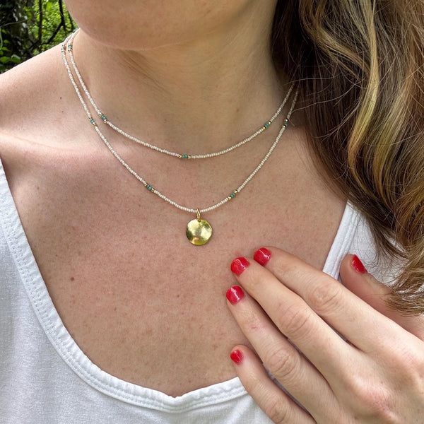 Dainty Beaded Necklace, 14K Gold, Turquoise Czech Glass, Handmade Jewelry