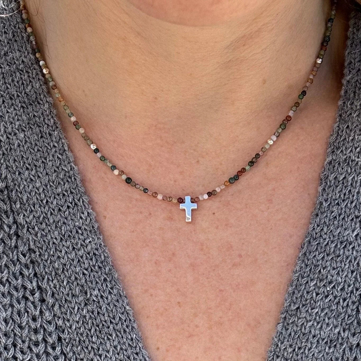 Dainty Jasper Cross Necklace, Sterling Silver Beads, Minimalist Boho Jewelry