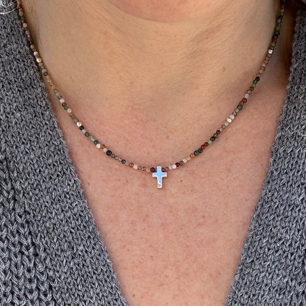 Dainty Jasper Cross Necklace, Sterling Silver Beads, Minimalist Boho Jewelry