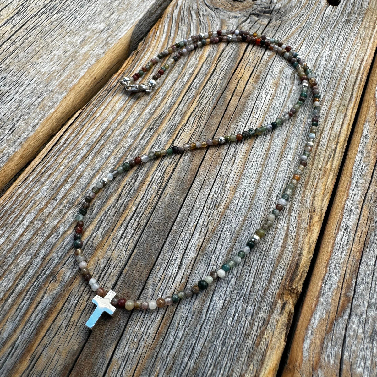 Dainty Jasper Cross Necklace, Sterling Silver Beads, Minimalist Boho Jewelry