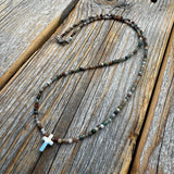 Dainty Jasper Cross Necklace, Sterling Silver Beads, Minimalist Boho Jewelry