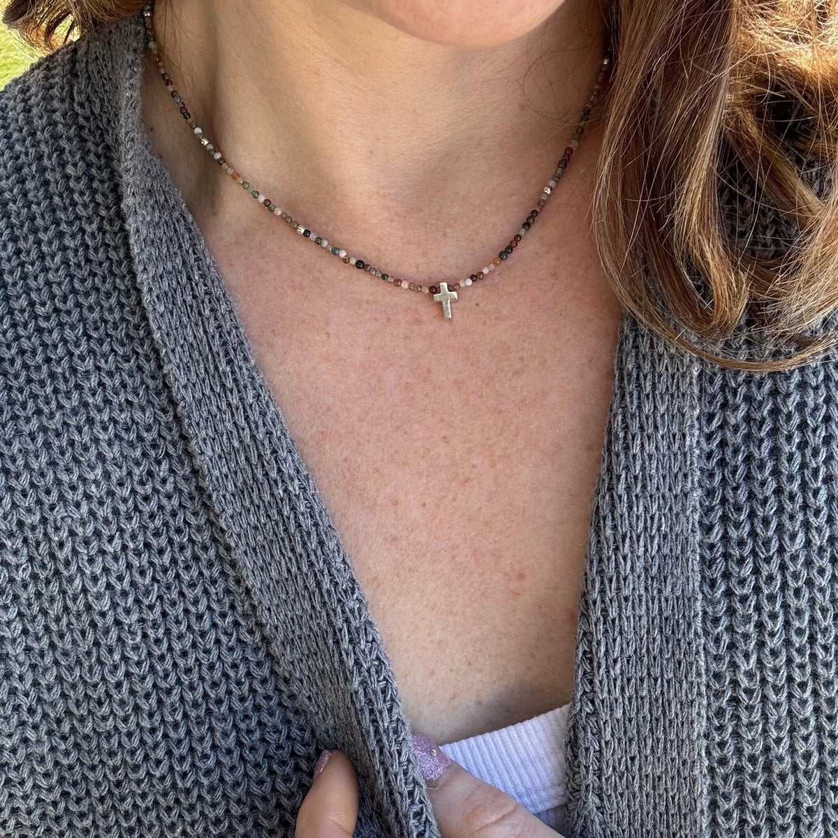 Dainty Jasper Cross Necklace, Sterling Silver Beads, Minimalist Boho Jewelry