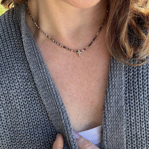 Dainty Jasper Cross Necklace, Sterling Silver Beads, Minimalist Boho Jewelry