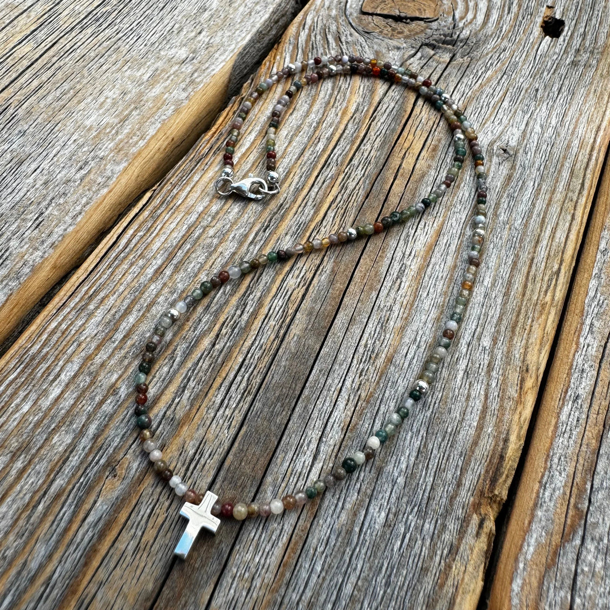 Dainty Jasper Cross Necklace, Sterling Silver Beads, Minimalist Boho Jewelry
