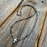 Dainty Jasper Cross Necklace, Sterling Silver Beads, Minimalist Boho Jewelry
