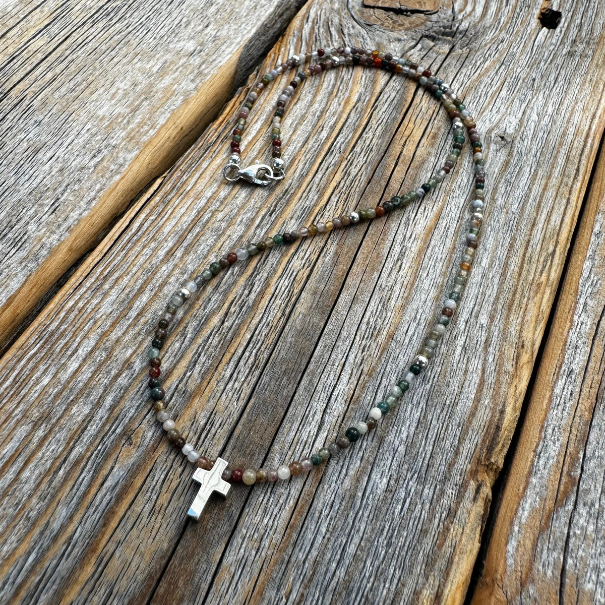 Dainty Jasper Cross Necklace, Sterling Silver Beads, Minimalist Boho Jewelry