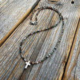 Dainty Jasper Cross Necklace, Sterling Silver Beads, Minimalist Boho Jewelry
