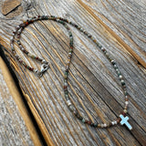 Dainty Jasper Cross Necklace, Sterling Silver Beads, Minimalist Boho Jewelry
