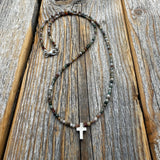 Dainty Jasper Cross Necklace, Sterling Silver Beads, Minimalist Boho Jewelry
