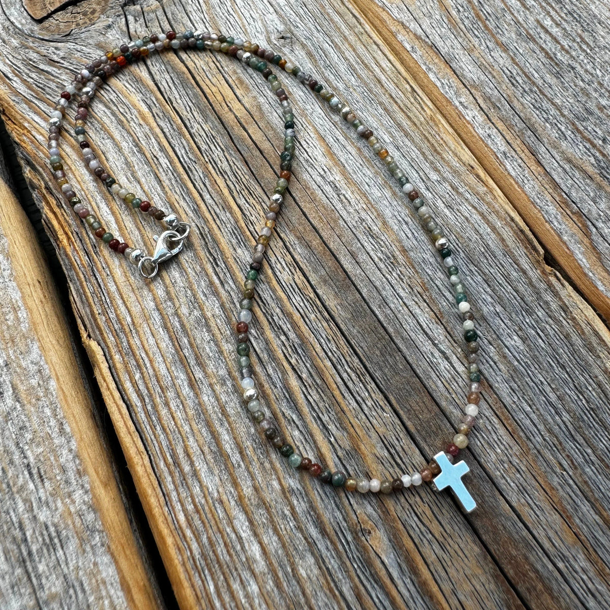 Dainty Jasper Cross Necklace, Sterling Silver Beads, Minimalist Boho Jewelry