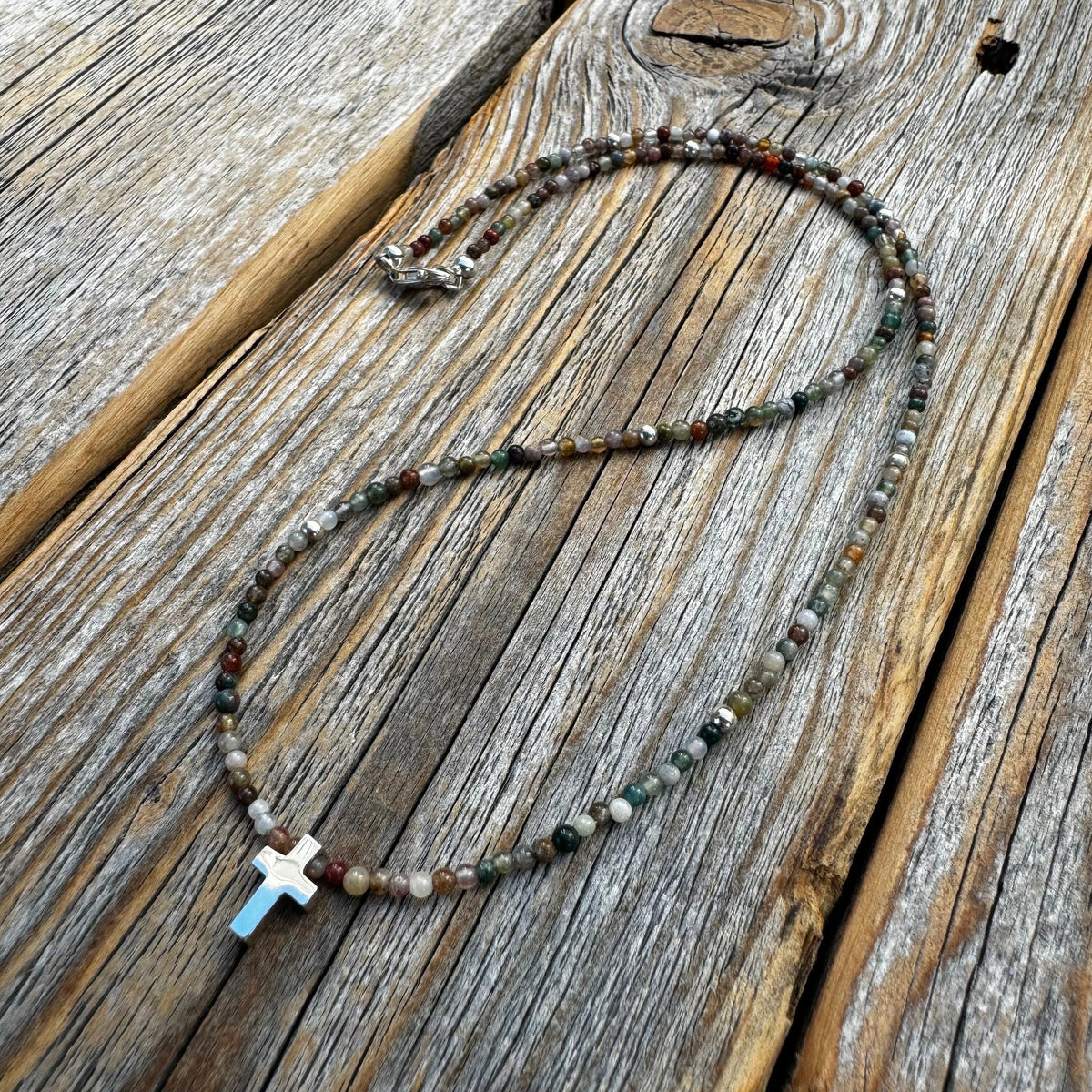 Dainty Jasper Cross Necklace, Sterling Silver Beads, Minimalist Boho Jewelry