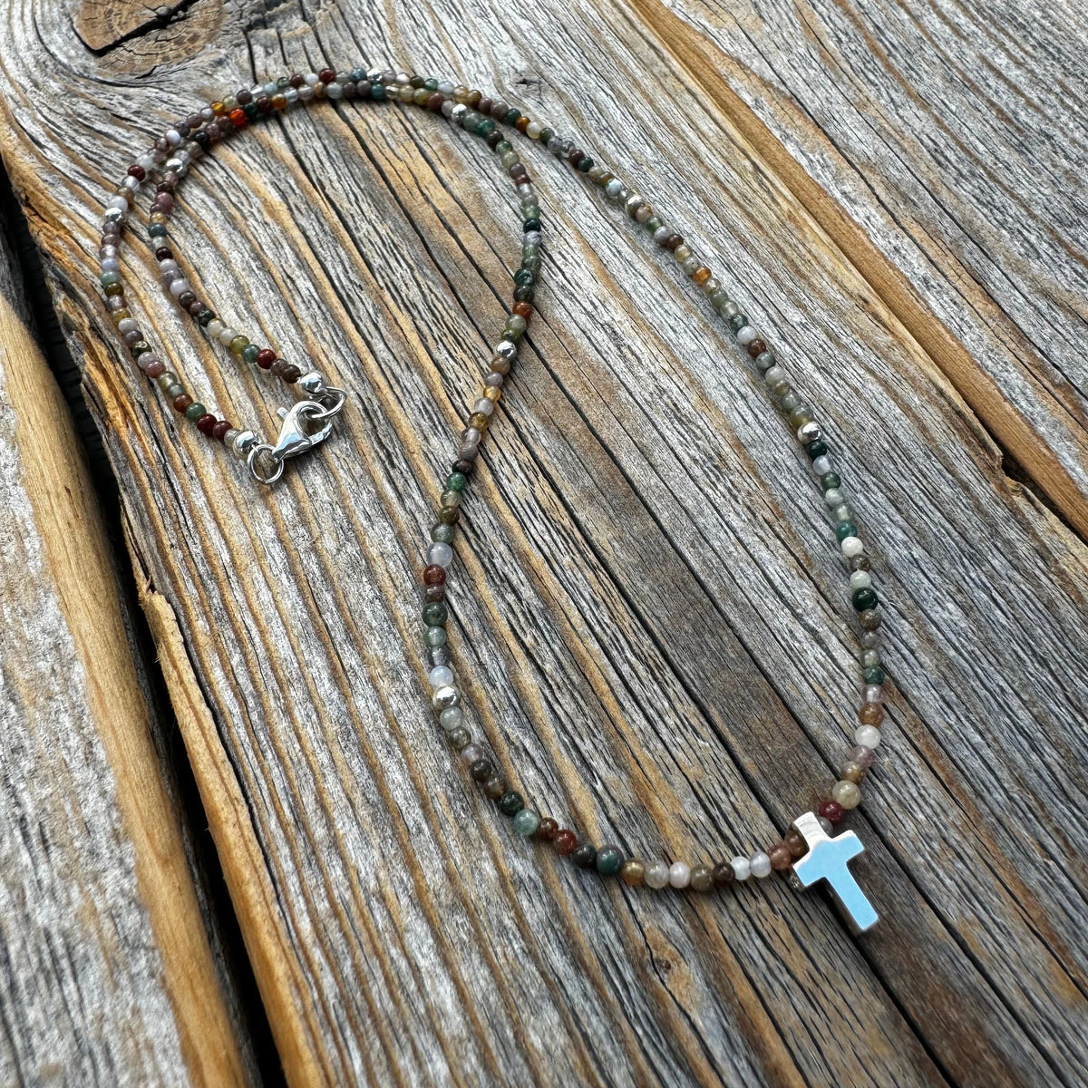 Dainty Jasper Cross Necklace, Sterling Silver Beads, Minimalist Boho Jewelry