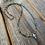 Dainty Jasper Cross Necklace, Sterling Silver Beads, Minimalist Boho Jewelry