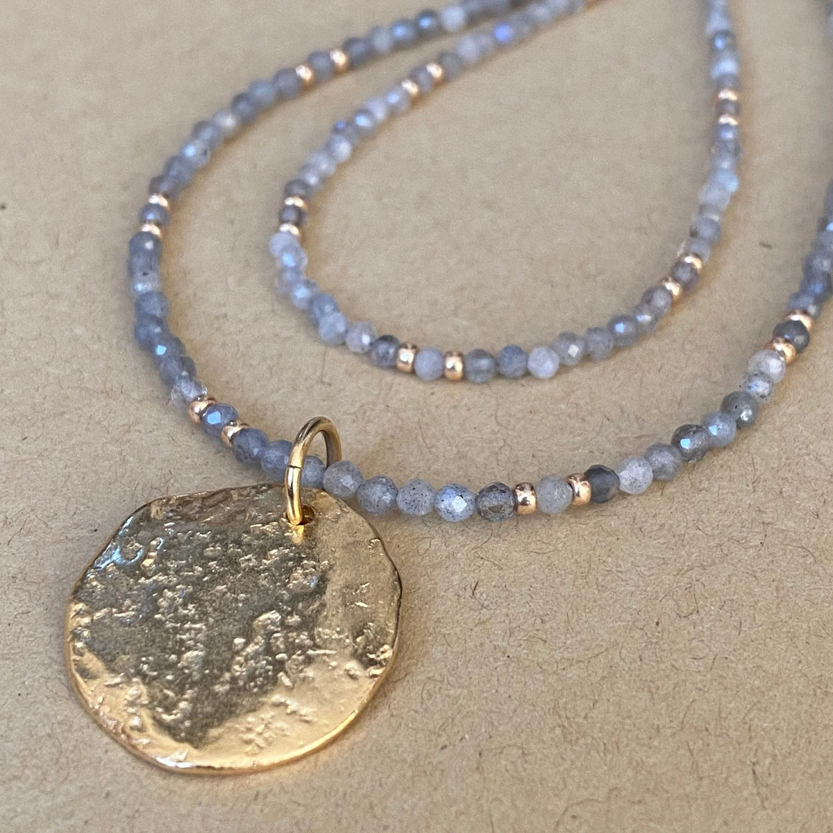 Dainty Labradorite Beaded Necklace – Hammered Gold Pendant, Minimalist Choker
