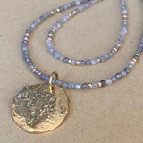 Dainty Labradorite Beaded Necklace – Hammered Gold Pendant, Minimalist Choker