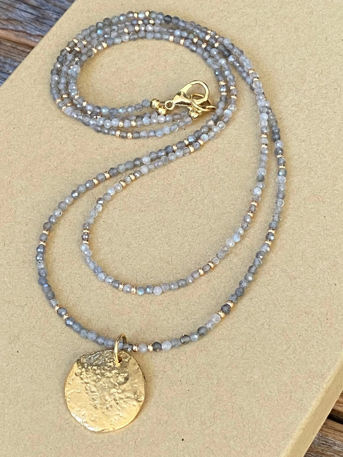 Dainty Labradorite Beaded Necklace – Hammered Gold Pendant, Minimalist Choker