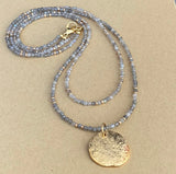 Dainty Labradorite Beaded Necklace – Hammered Gold Pendant, Minimalist Choker
