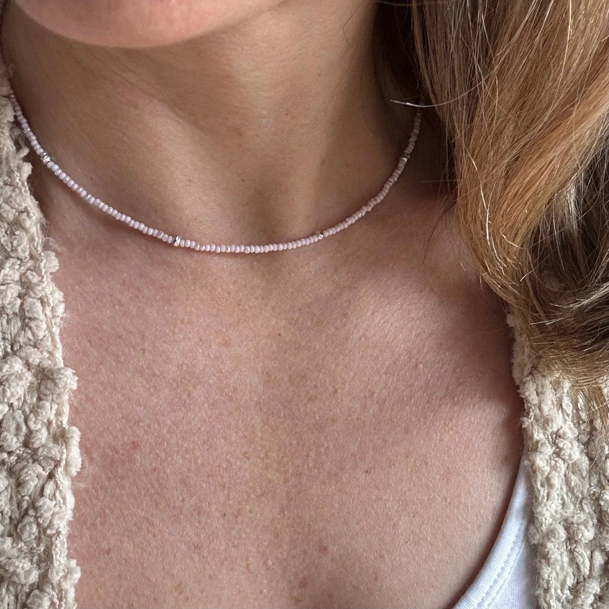 Dainty Pink Czech Glass Seed Bead Necklace, Hill Tribe Silver Accents, Minimalist Layering Jewelry
