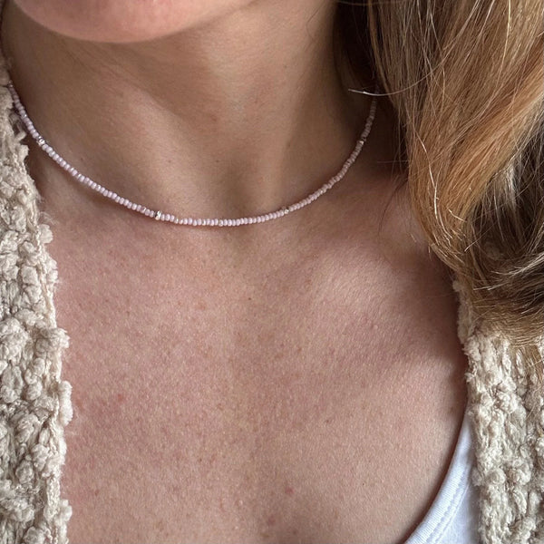 Dainty Pink Czech Glass Seed Bead Necklace, Hill Tribe Silver Accents, Minimalist Layering Jewelry