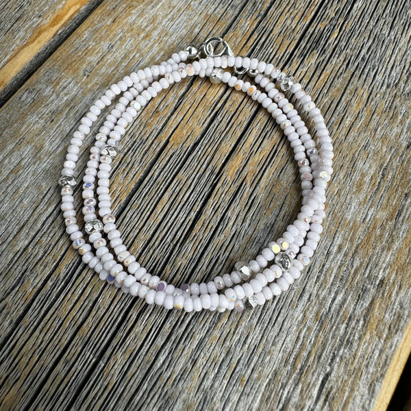 Dainty Pink Czech Glass Seed Bead Necklace, Hill Tribe Silver Accents, Minimalist Layering Jewelry