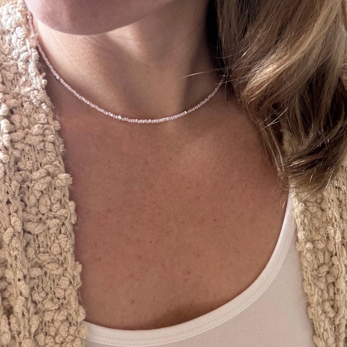 Dainty Pink Czech Glass Seed Bead Necklace, Hill Tribe Silver Accents, Minimalist Layering Jewelry
