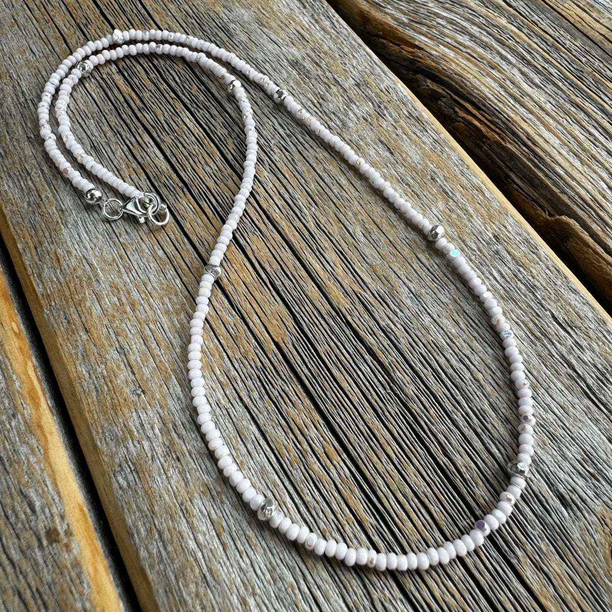 Dainty Pink Czech Glass Seed Bead Necklace, Hill Tribe Silver Accents, Minimalist Layering Jewelry