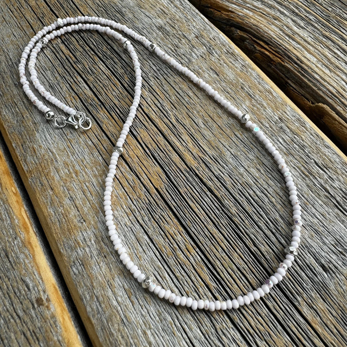 Dainty Pink Czech Glass Seed Bead Necklace, Hill Tribe Silver Accents, Minimalist Layering Jewelry