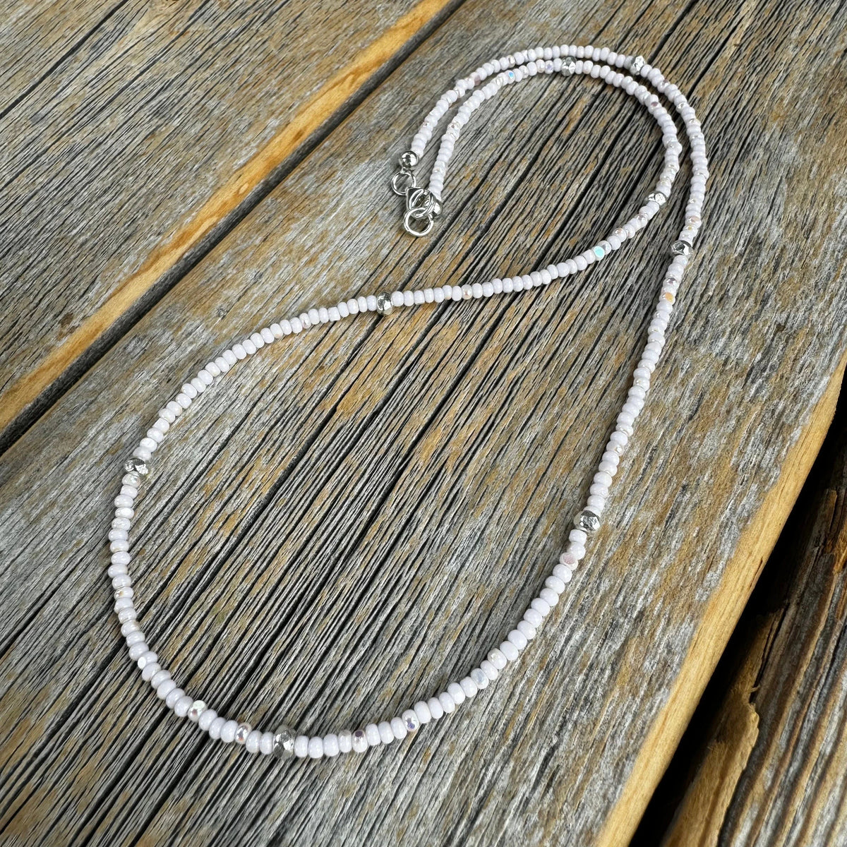 Dainty Pink Czech Glass Seed Bead Necklace, Hill Tribe Silver Accents, Minimalist Layering Jewelry