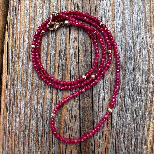 Dainty Ruby Gemstone Necklace – 24K Gold Accent Beads, Handmade