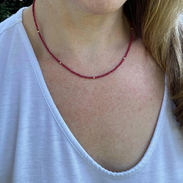Dainty Ruby Gemstone Necklace – 24K Gold Accent Beads, Handmade