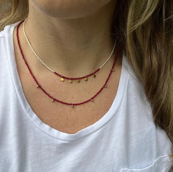 Dainty Ruby Necklace – 24K Gold Beaded Layering Necklace