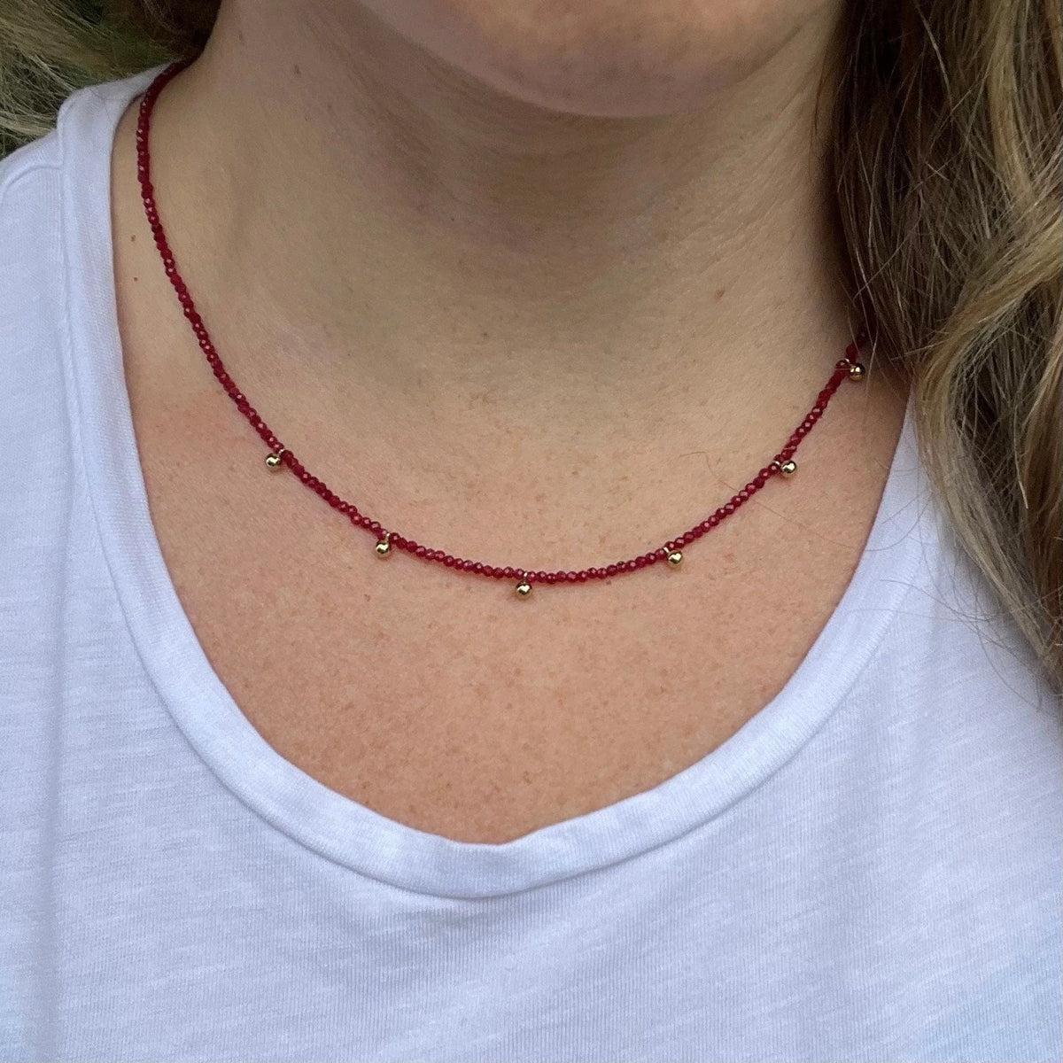 Dainty Ruby Necklace – 24K Gold Beaded Layering Necklace