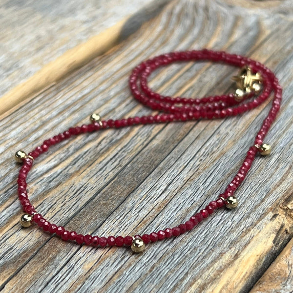 Dainty Ruby Necklace – 24K Gold Beaded Layering Necklace