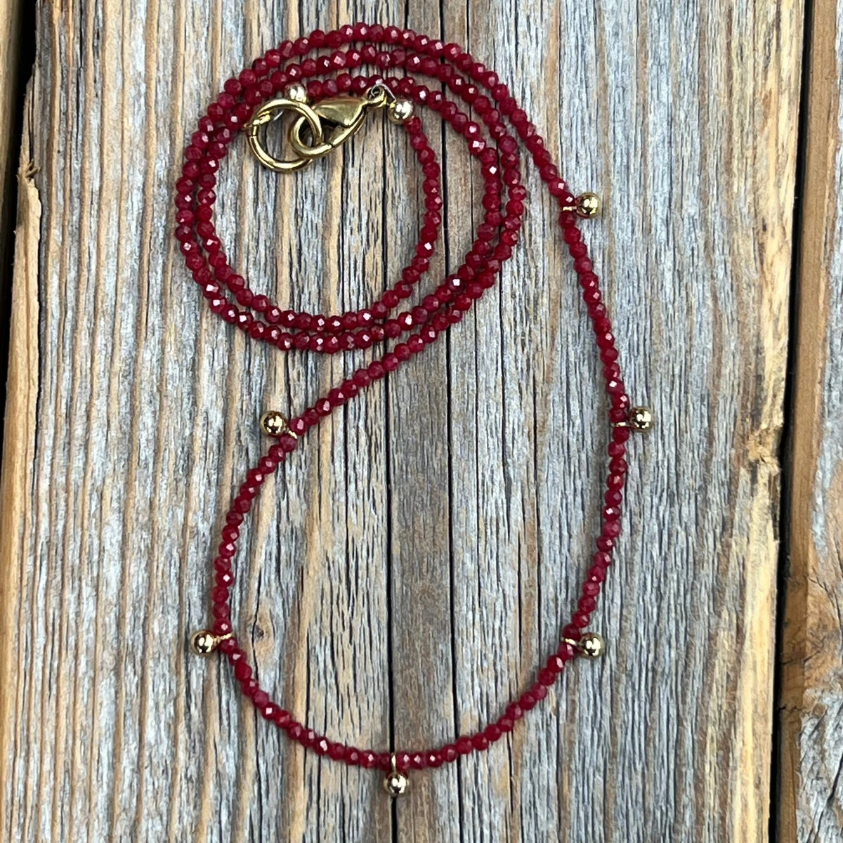Dainty Ruby Necklace – 24K Gold Beaded Layering Necklace