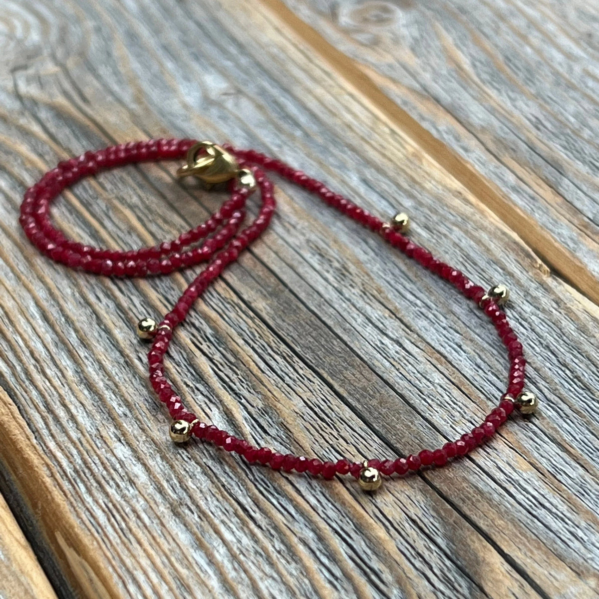 Dainty Ruby Necklace – 24K Gold Beaded Layering Necklace