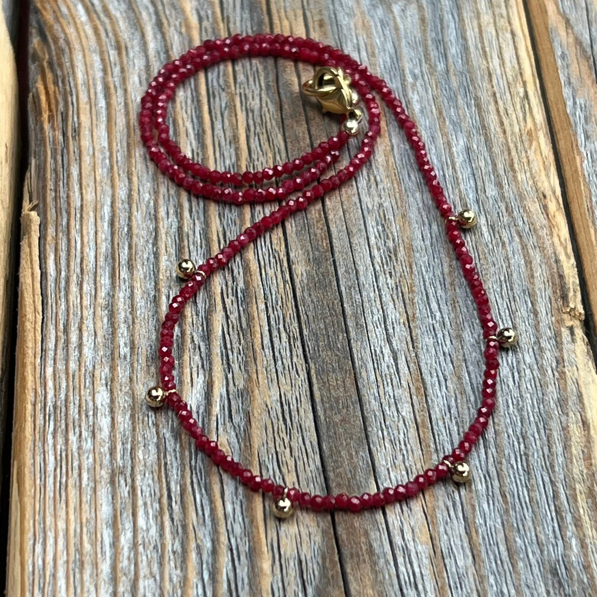 Dainty Ruby Necklace – 24K Gold Beaded Layering Necklace